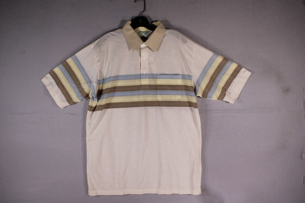 Vintage Palmhand Club Men's Polo Shirt Large Striped Yellow Blue Brown NWT